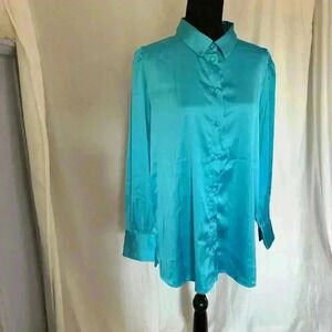 Jewel tone blue button up satin long sleeve shirt Lucyswhims women’s medium